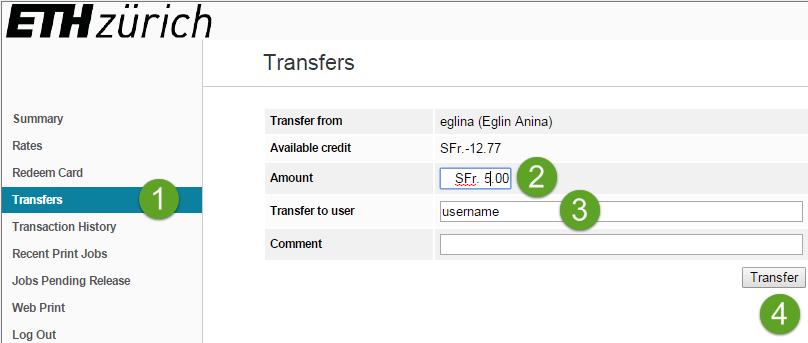 Vergrösserte Ansicht: Click on Transfer - Give in the amount of money you would like to transfer - Grive in the username of the person who shall receive the money - Click on Transfer