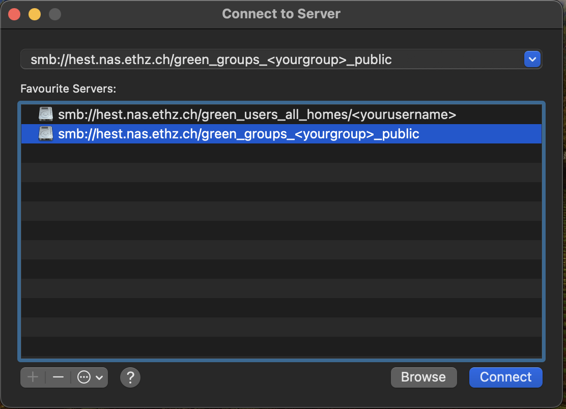 Enlarged view: Connect to Server on Mac