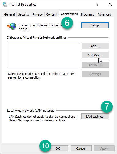 Vergrösserte Ansicht: Grafische Anleitung: Klicken Sie auf Connections, klicken Sie auf LAN Settings, nach weiteren schritten klicken Sie auf OK