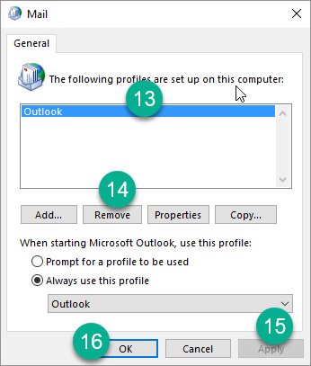 Vergrösserte Ansicht: Grafische Anleitung: Wählen Sie das Profil  "Outlook" an Klicken Sie auf Remove (es gibt dann eine Warnung, da auf Yes klicken) Klicken Sie auf Apply