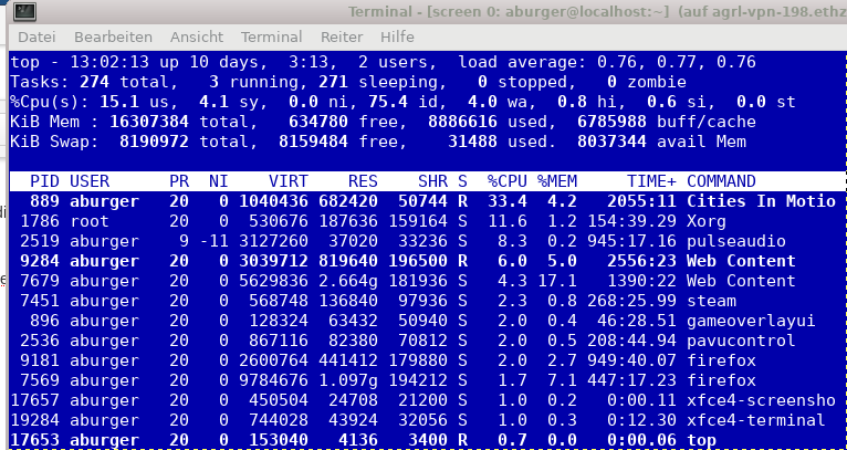 in dieser Session top gestartet, dann Ctrl-a d  das löst die Session ab (detached)