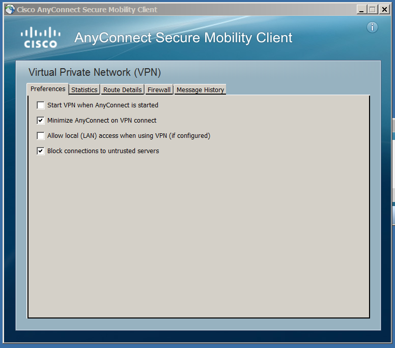 Vergrösserte Ansicht: Wählen Sie im Tab Preferences die Option Minimize AnyConnect on VPN Connect und Block connections to untrusted servers