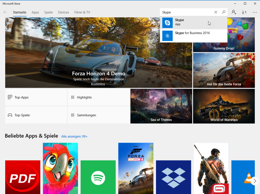 Vergrösserte Ansicht: In der Suchleiste nach dem gewünschten Programm, in diesem Fall Skype, suchen