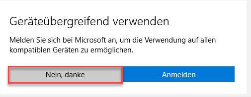 Vergrösserte Ansicht: Die Frage nach der Anmeldung mit dem Microsoft Konto kann verneint werden, das ist dem User überlassen.