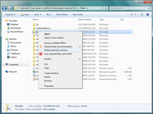 Enlarged view: windows explorer previous versions