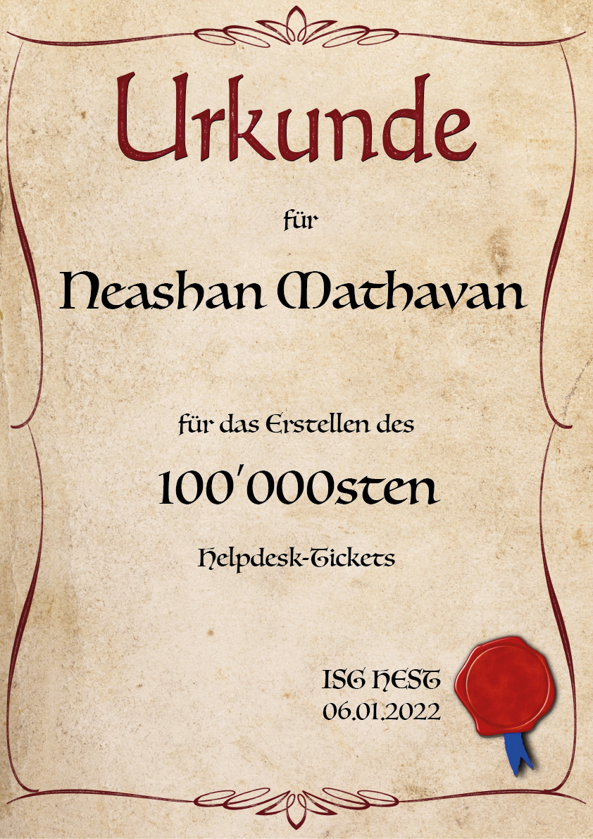 Urkunde für das 100'000. Ticket